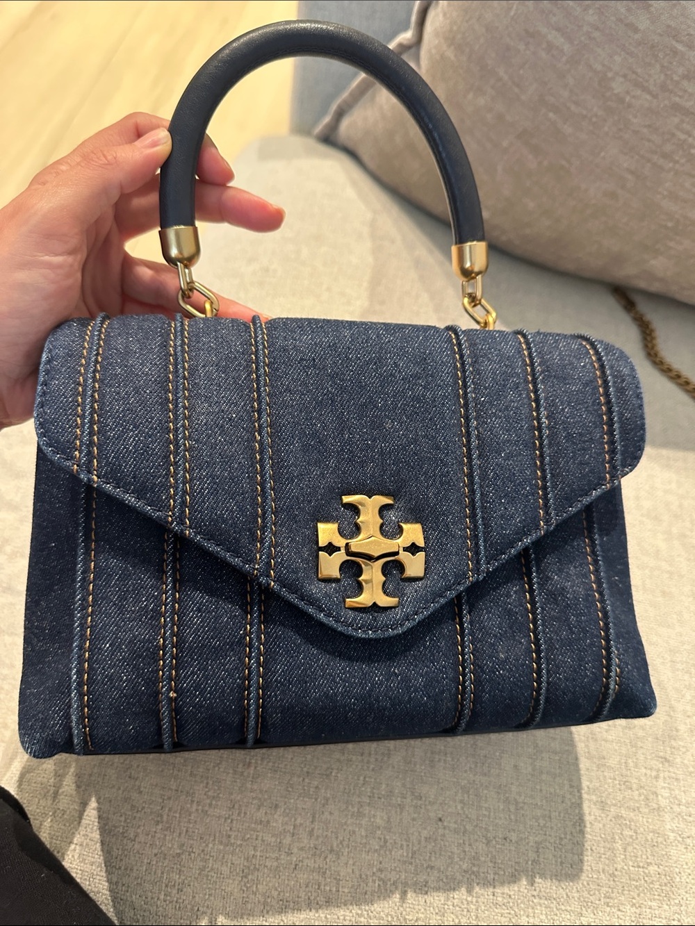 Tory Burch Dark Denim Top-Handle Satchel with Gold Logo